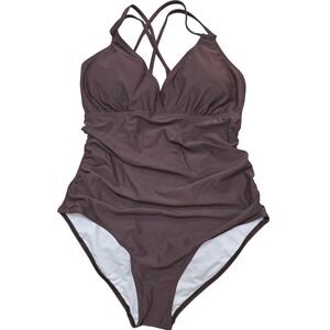 Charmo Brown Ruched One Piece Swimsuit Strappy Cross Back Padded XL NEW